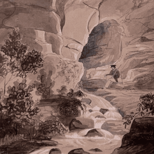 Antique Ink Drawing Original 19th century Man in Landscape 1837 image 1