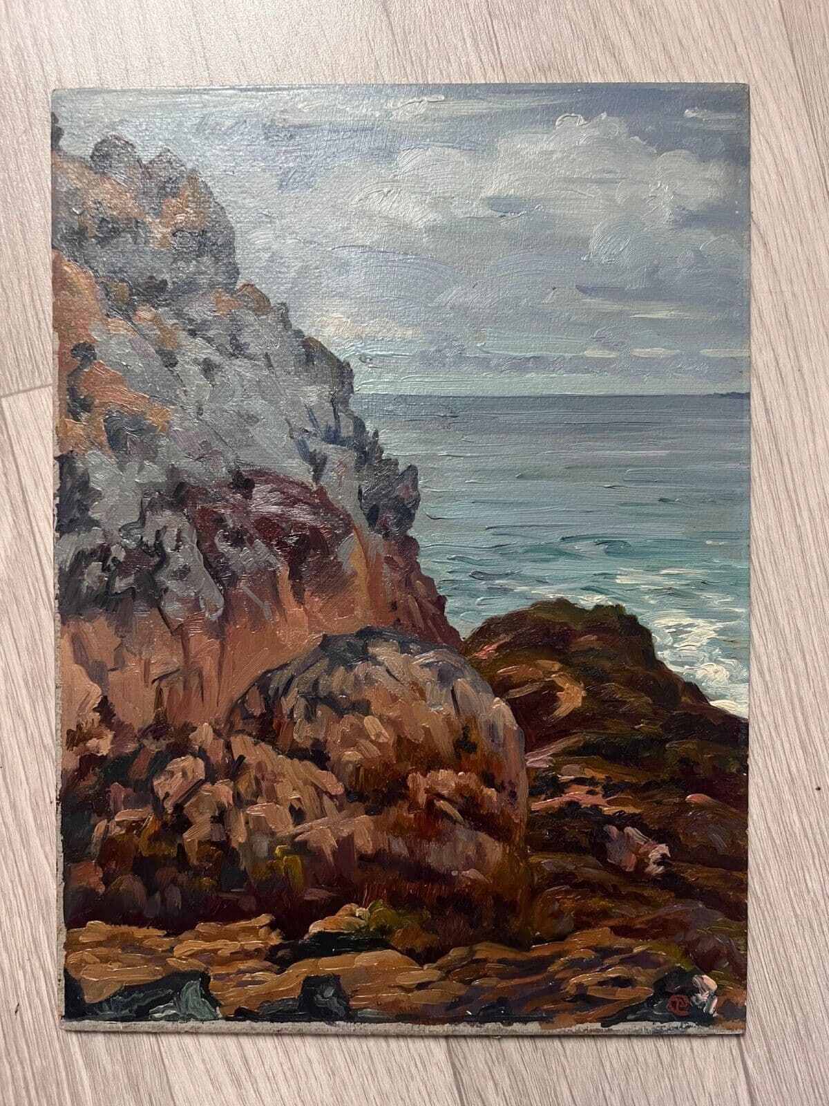Antique Painting Original Landscape, Seascape, Rocks, Waves signed image 2