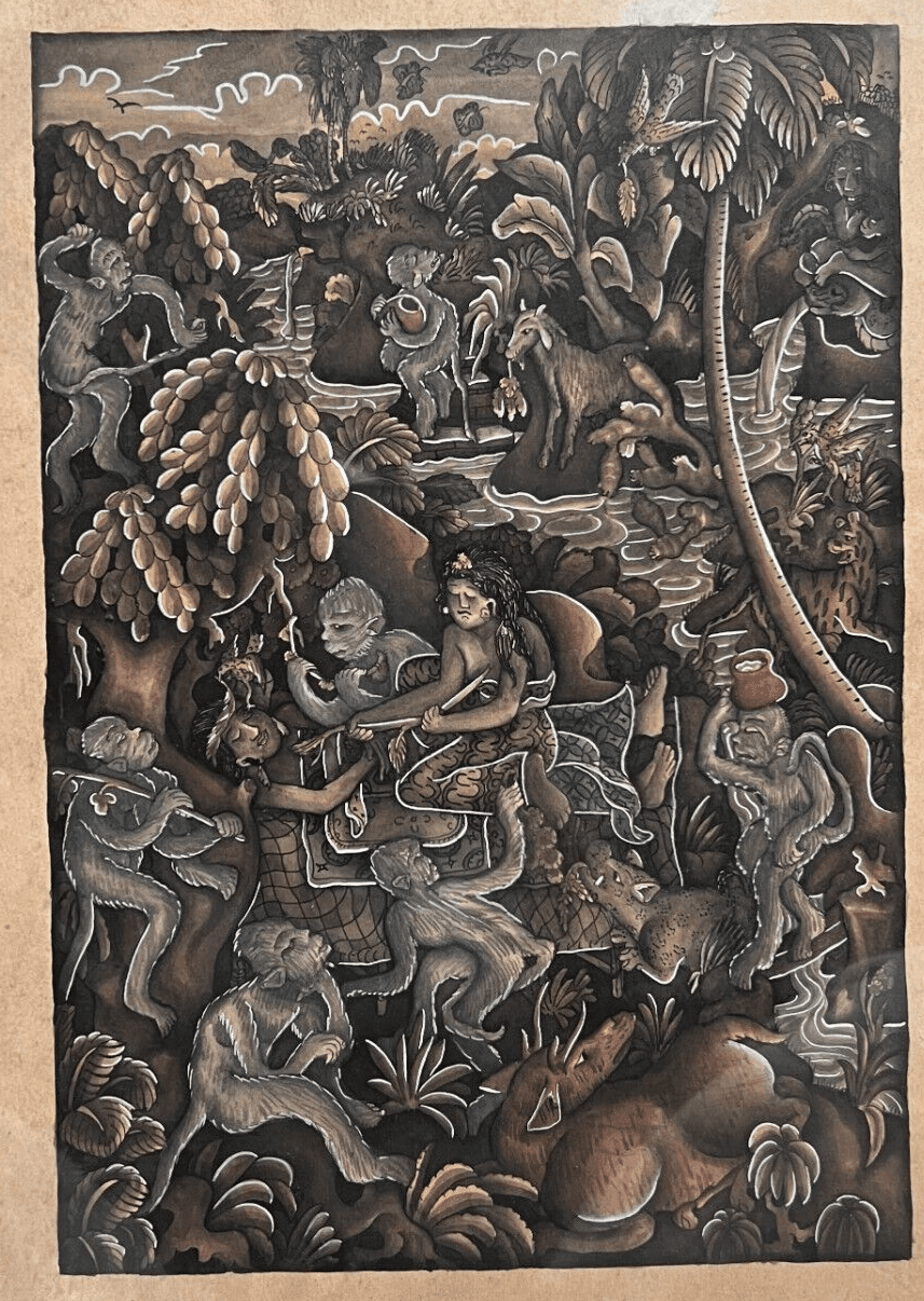 Vintage Oil Original Painting Indonesian Life, Landscape, People, Monkeys image 2