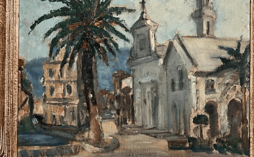 Antique Oil Painting Maritime Landscape , Cityview, Building, Church, Tree image 5