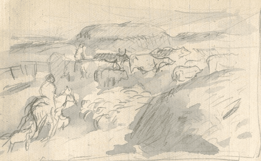 Vintage Pencil Ink Drawing Original Hay, House, Landscape, Cow, Horse Figure image 1