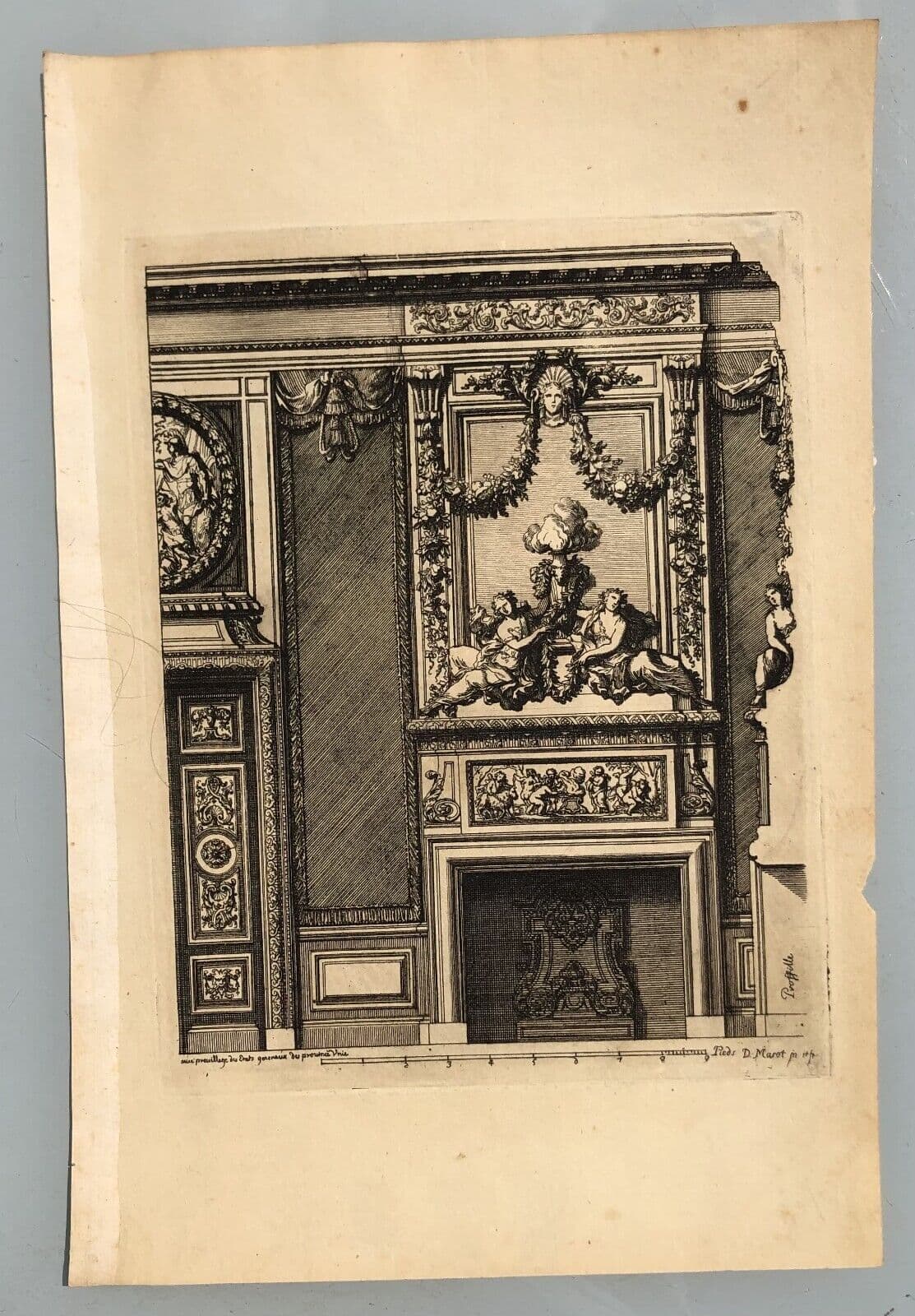 Antique Original Etching Jean MAROT Mariette, Fireplace, Architecture x7 image 4
