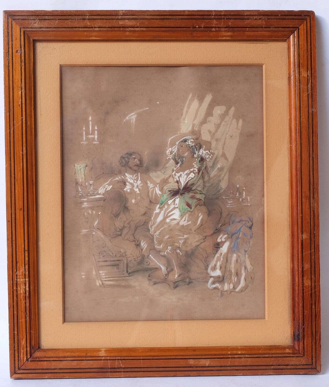 Antique Pencil Old Drawing Couple, Prostitute by Auguste NUMANS (1823-?) image 3