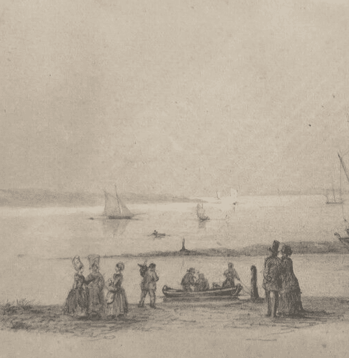 Antique Pencil Drawing 19th century Seaview Landscape with Boat and Figures image 2