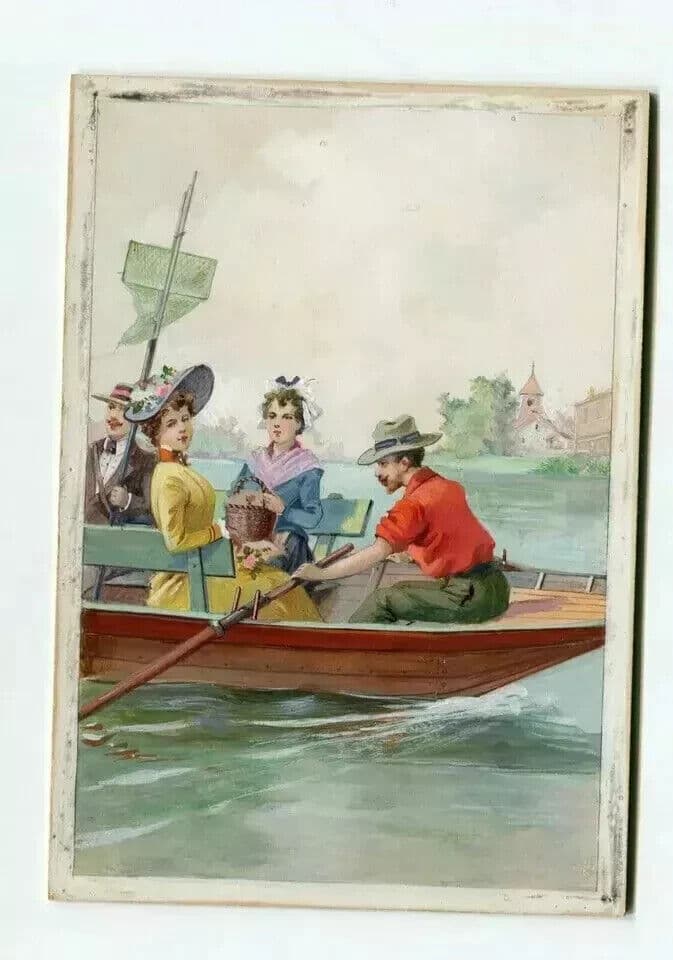 Antique Drawing Original Art Deco Gouache Figures on Boat Artwork image 7
