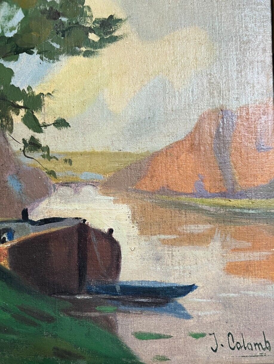 Vintage Oil Painting Maritime Landscape, Seaview, Boat, Tree signed image 6