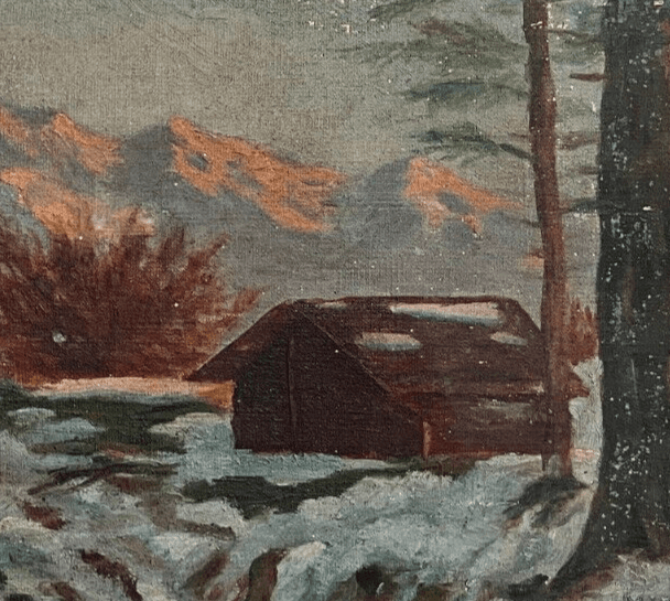 Antique Original Painting Chalet Winter Mountain Landscape, Snow, Pine Tree image 4