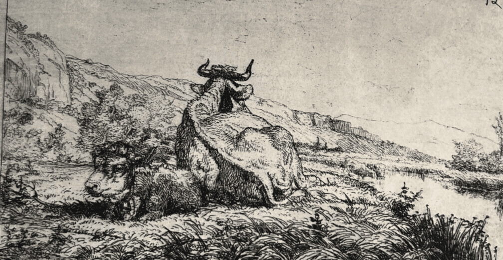 Etching Original Louis GUY (1824-1888) Landscape, Cows 1875