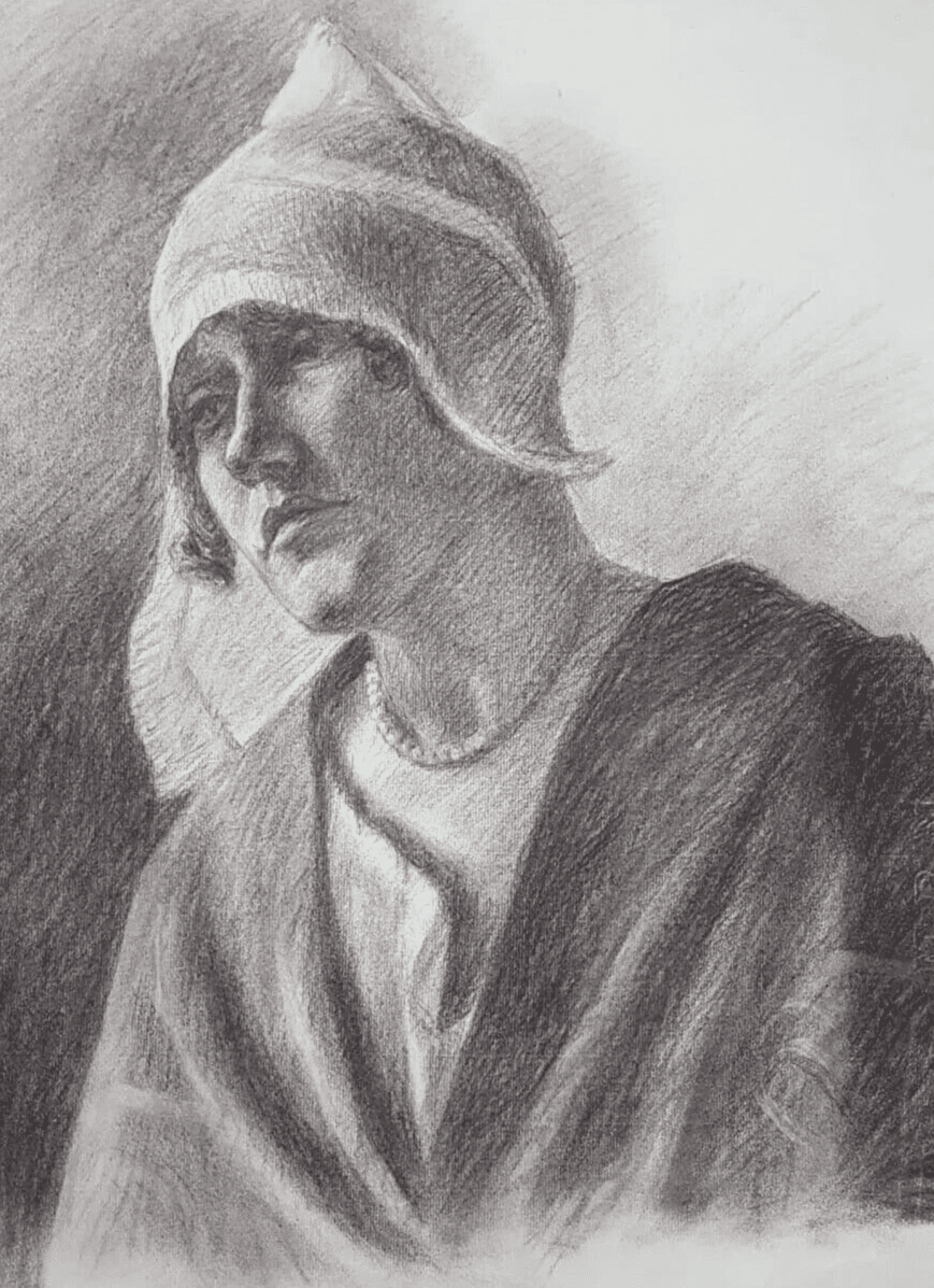 Antique Charcoal Original Old Drawing Woman Portrait with Hat c. 1910