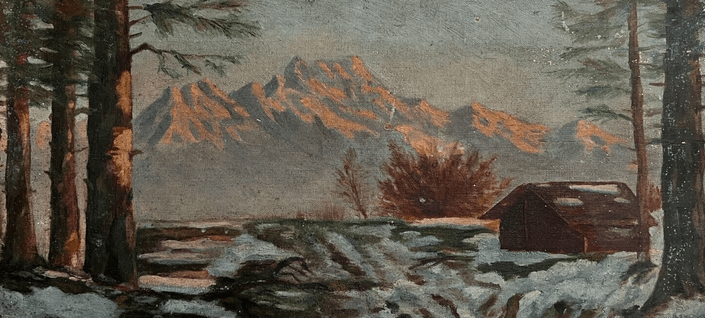 Antique Original Painting Chalet Winter Mountain Landscape, Snow, Pine Tree image 1