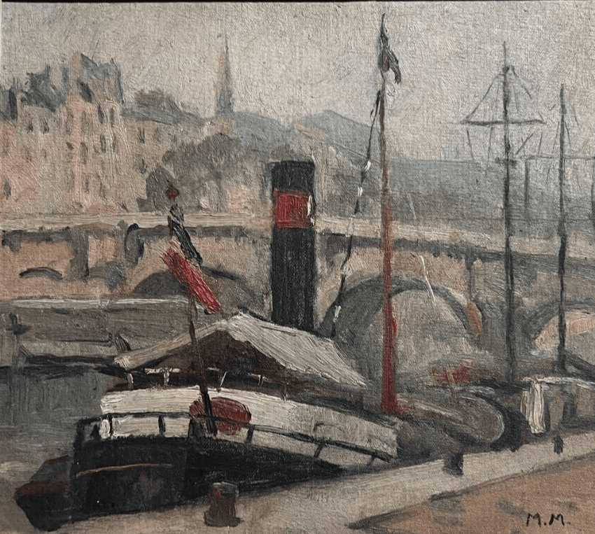 Vintage Oil Painting Maritime Cityview, Boat, City, Bridge, Quay signed, Seascap