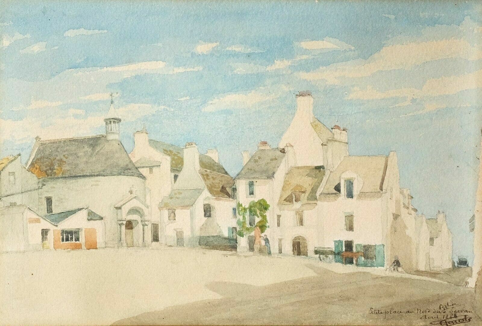 Vintage Watercolor Original Painting Landscape Church Servan 1888 Framed