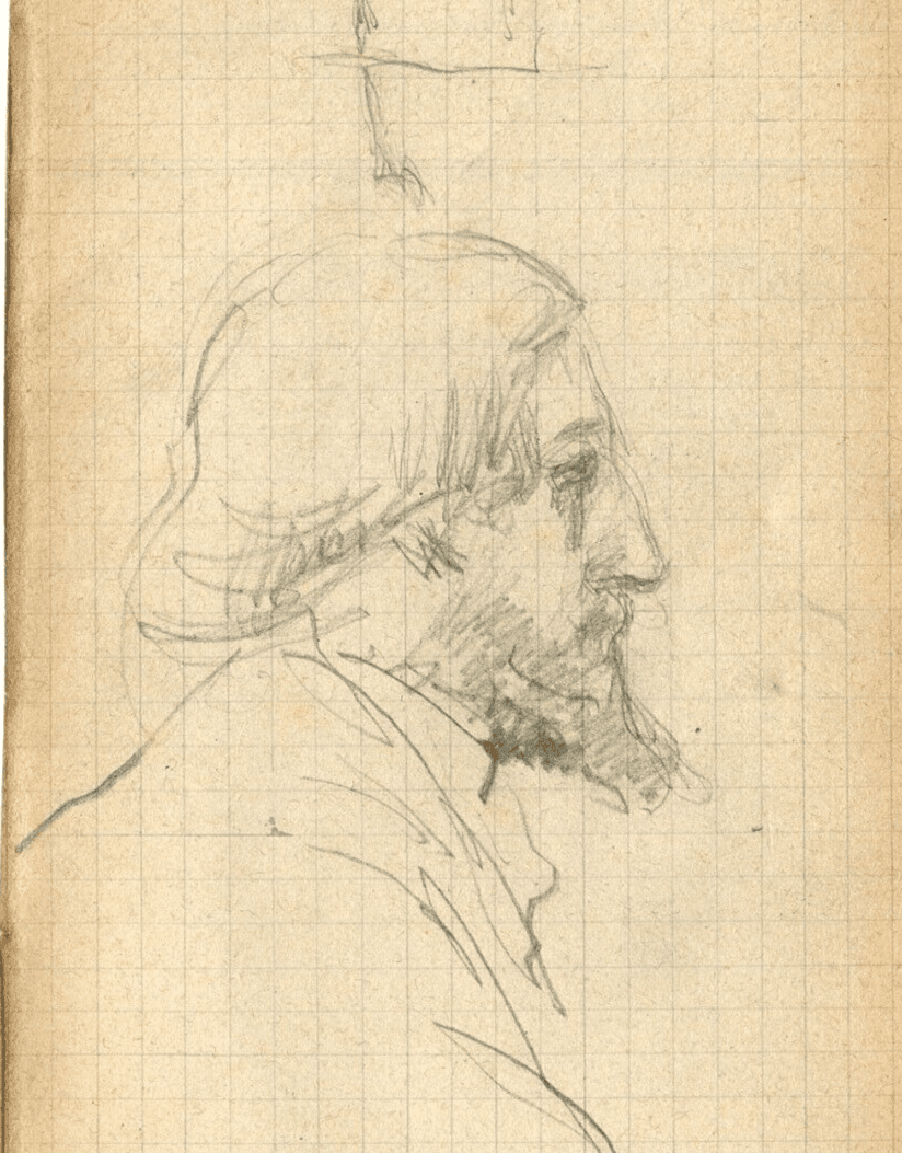 Antique Pencil Original Drawing Men Sketch with Beard signed
