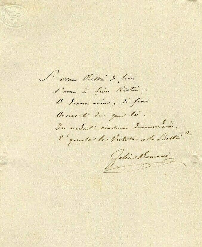 Antique Original Document Love Letter Original Felice Romani (1788-1865) image 1