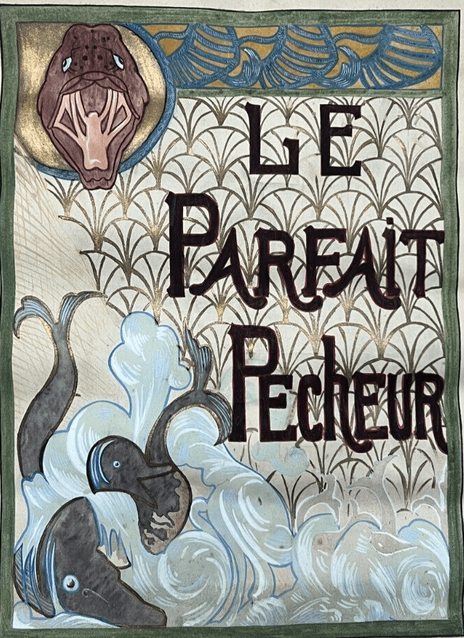 Antique Original Drawing le Parfait Pecheur, Design, Decoration, Perfum, Fishes