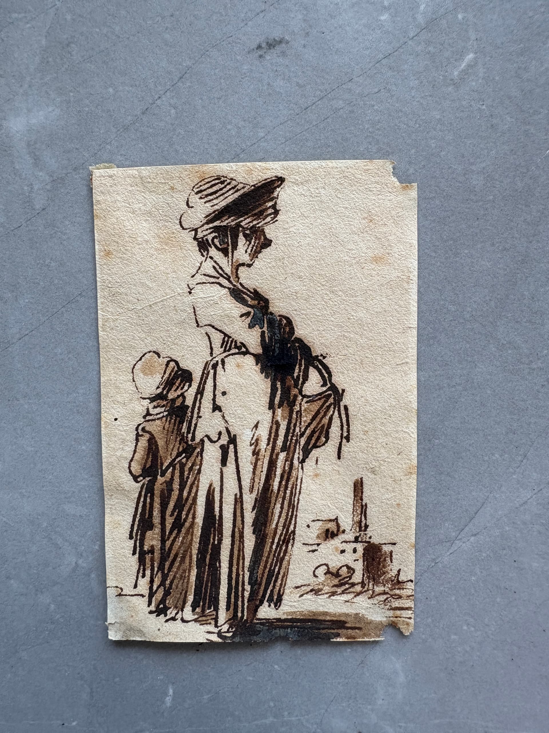 Antique Original Drawings Ink 19th century Woman Figures People