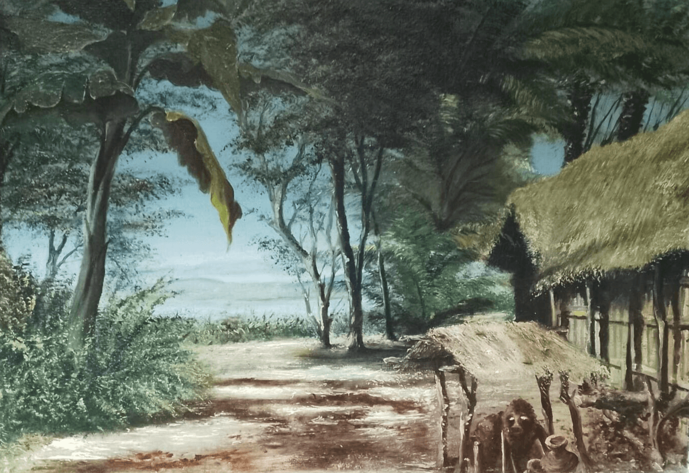 Antique Original African Landscape Palm Trees, Sea and House