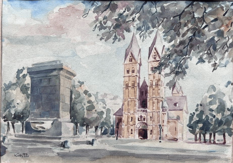 Antique Drawing Koblenzhurch Cityview Landscape signed