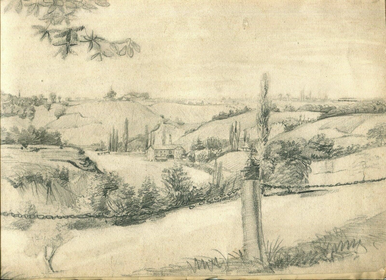 Antique Pencil Drawing Original Landscape Lignon, Geneva 1870 Artwork