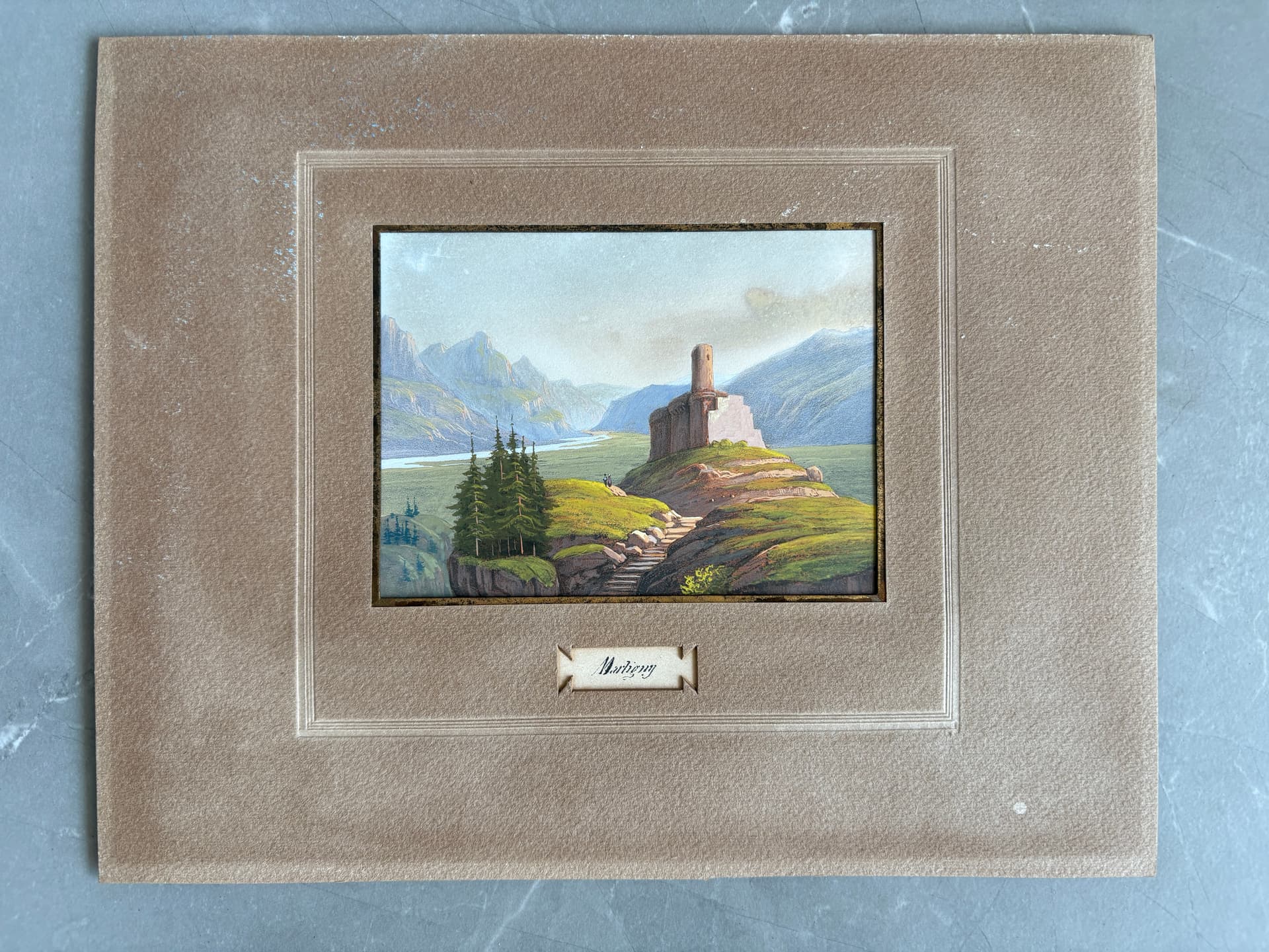 Antique Drawing Original Gouache 19th Century Mountain Landscape with Castle