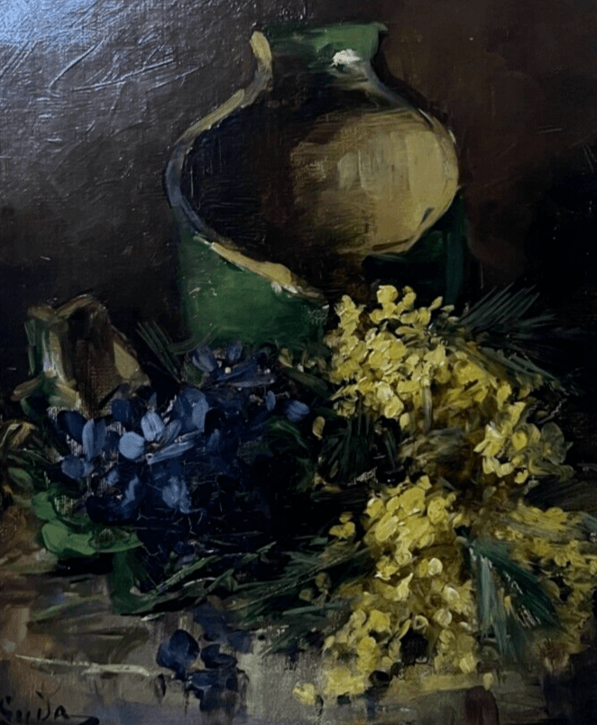 Antique Painting Original Still Life, Flowers, Pichet, signed 19th century