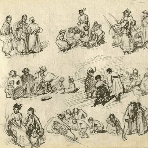 Vintage Ink Drawing Impressionist Family and Children Figures