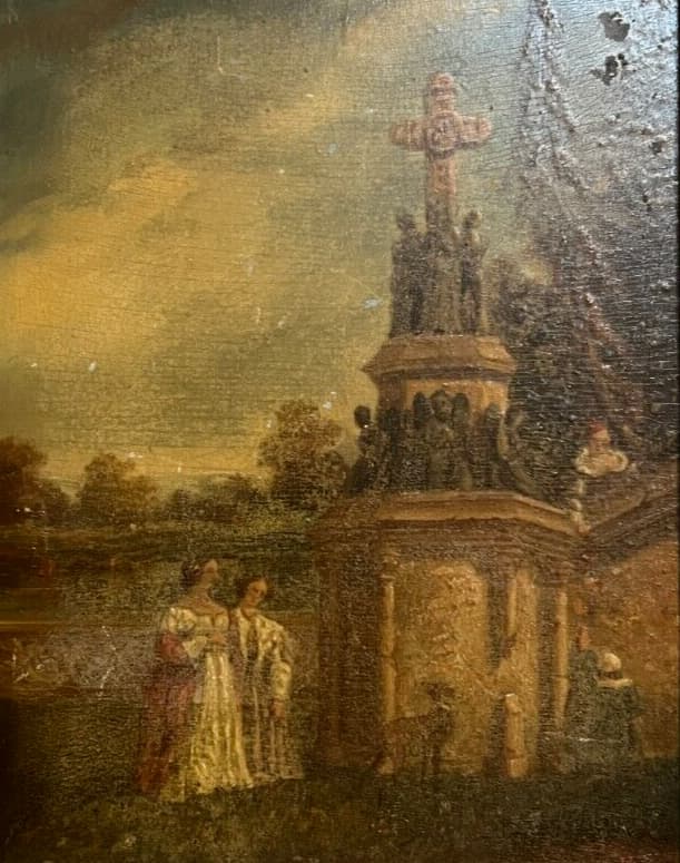 Antique Painting Original 19th century Calvary monuments, People, Landscape 1871 image 2
