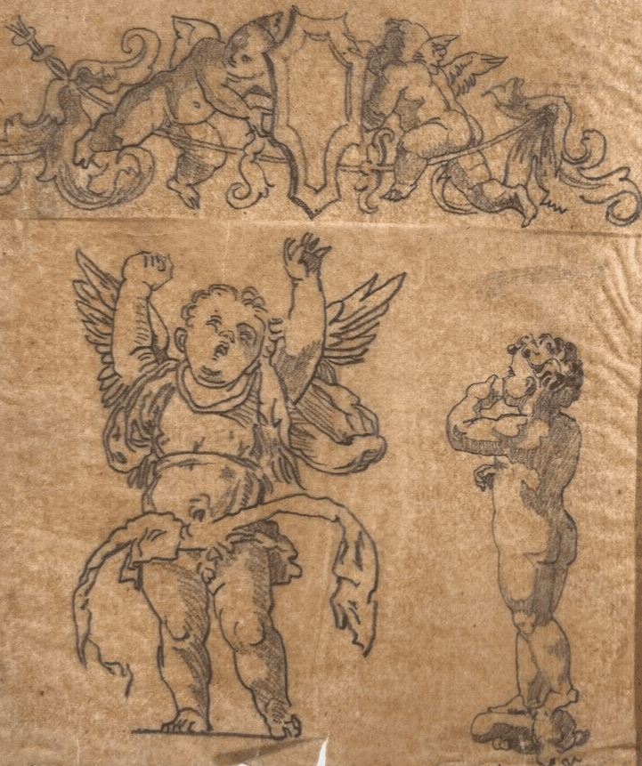Antique Original Drawing Putti, Angels Portrait, Vase, Architecture 19th century
