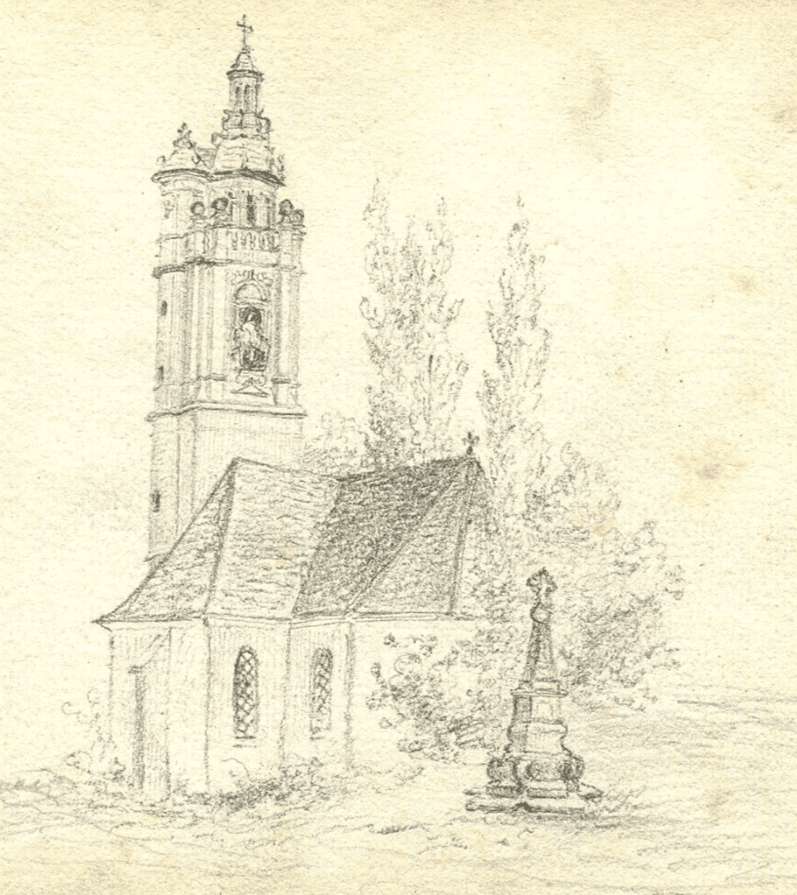 Antique Pencil Original Drawing 19th century Loisail, Parish Church Landscape image 1