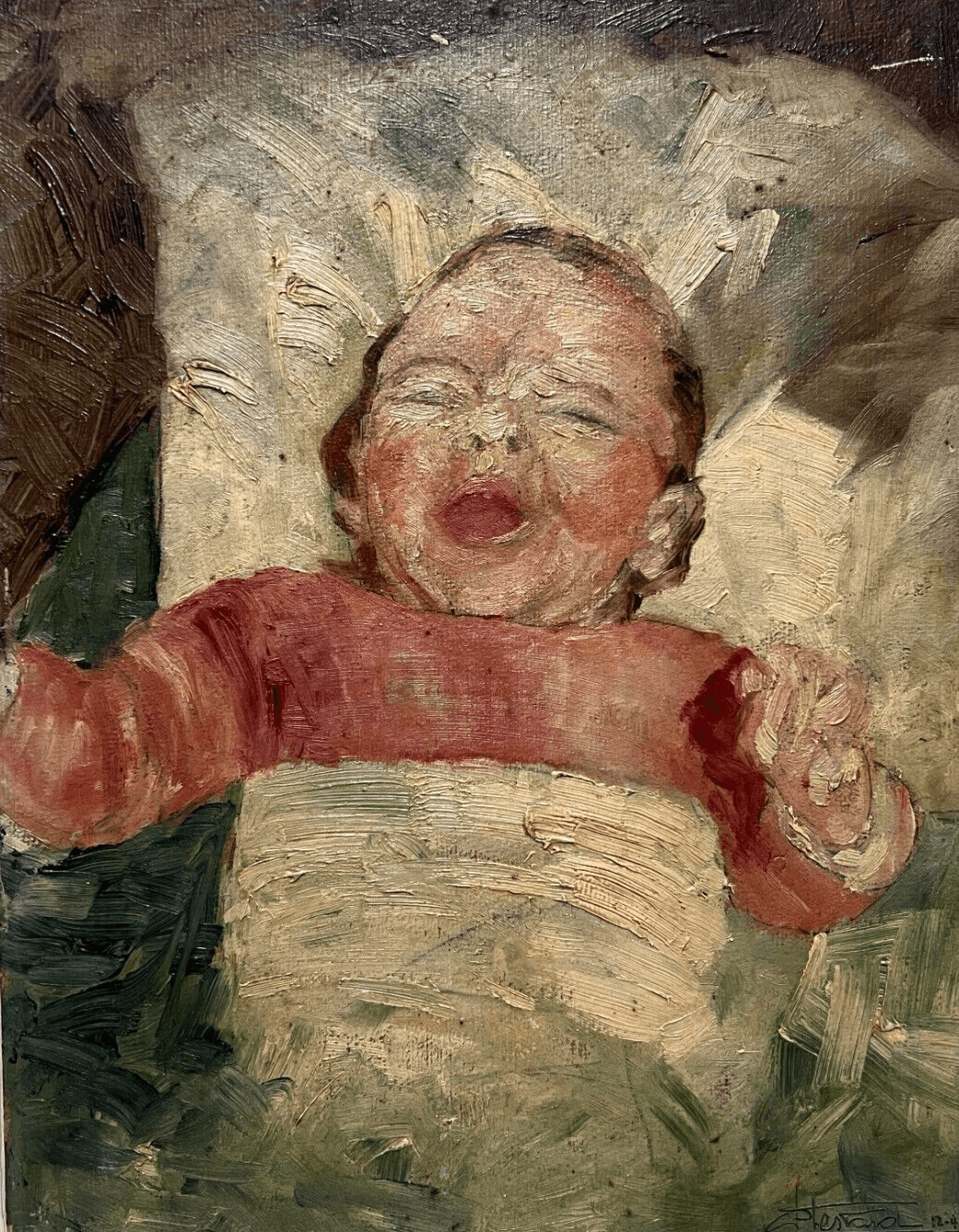 Vintage Oil Original Painting signed Baby Portrait Crying