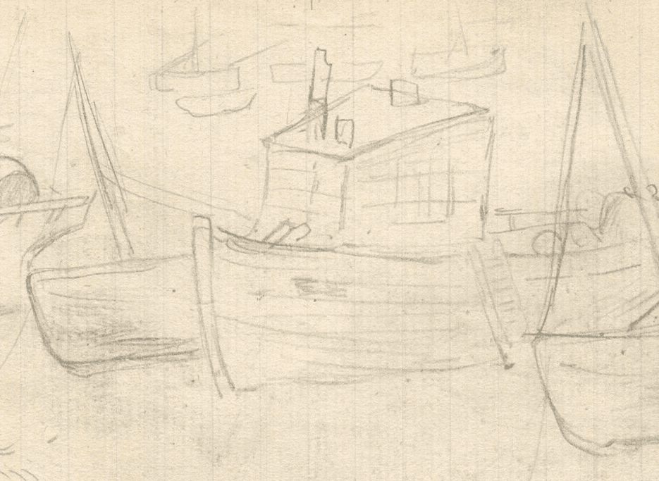 Antique Pencil Maritime Drawing Original, Boats, Port, Seascape