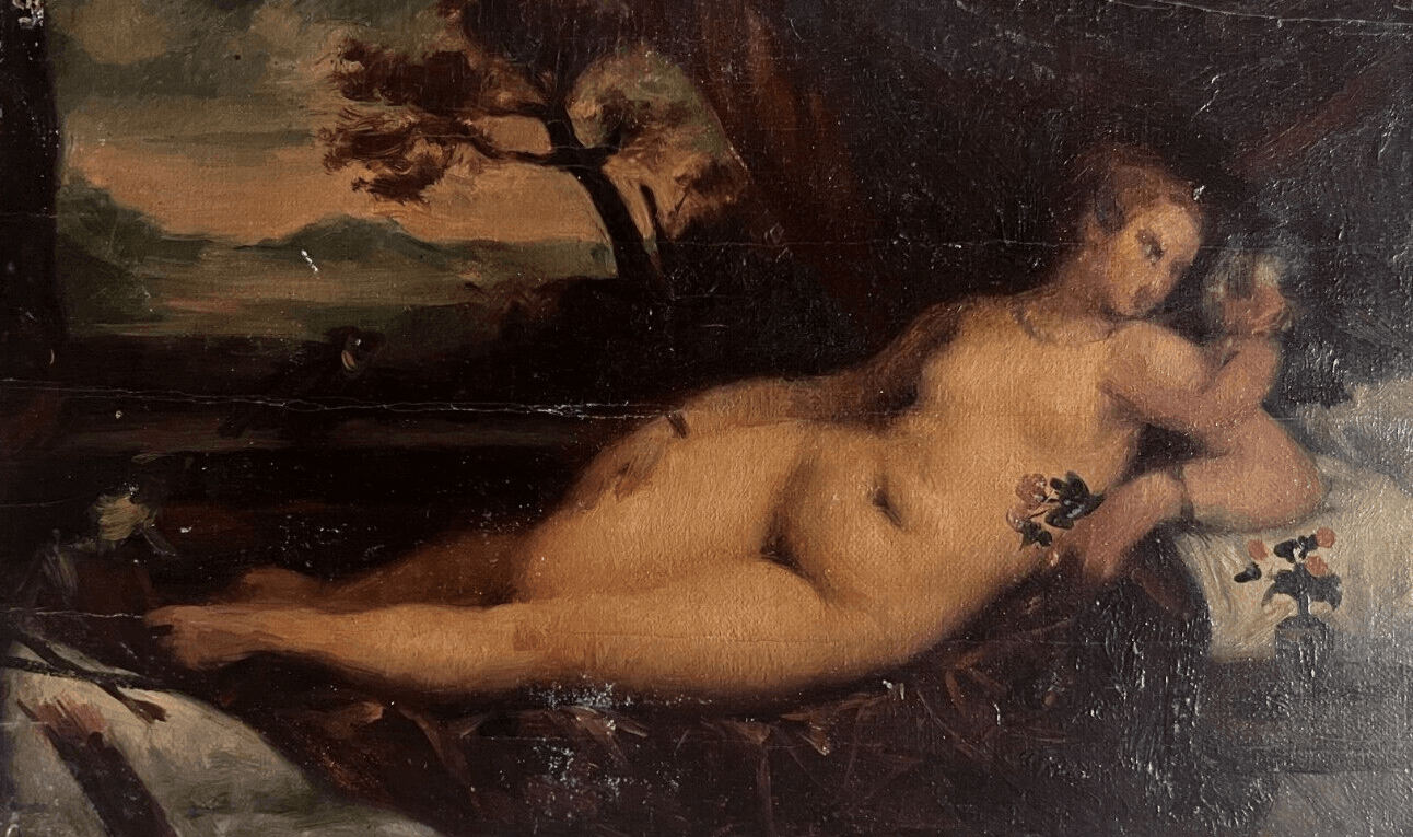 Antique Oil Painting Original Woman, Portrait, Venus, Cupidon, Angel, Nude