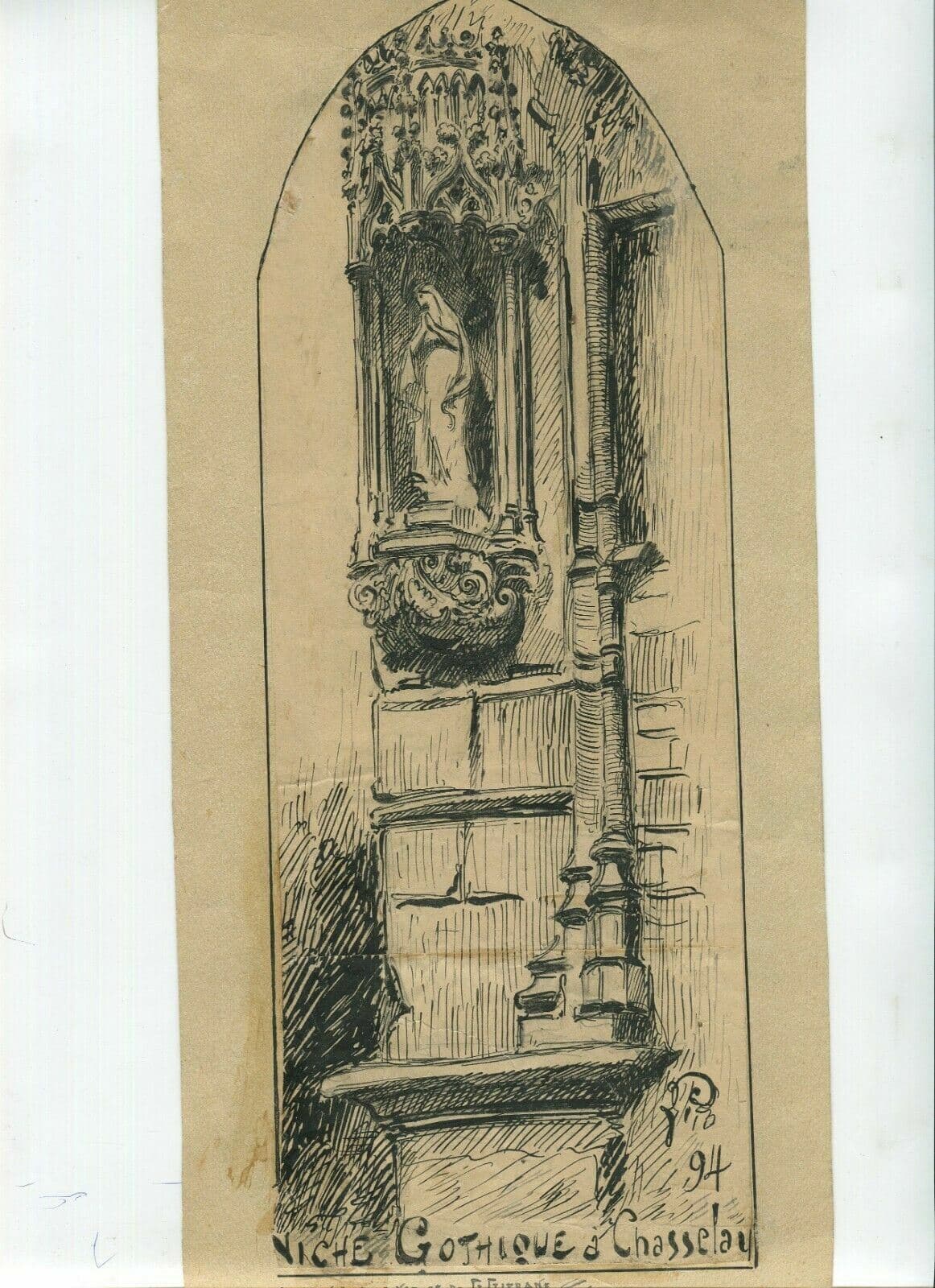 Antique Ink Original Drawing 19th century Religious Gothic Church Chasselay