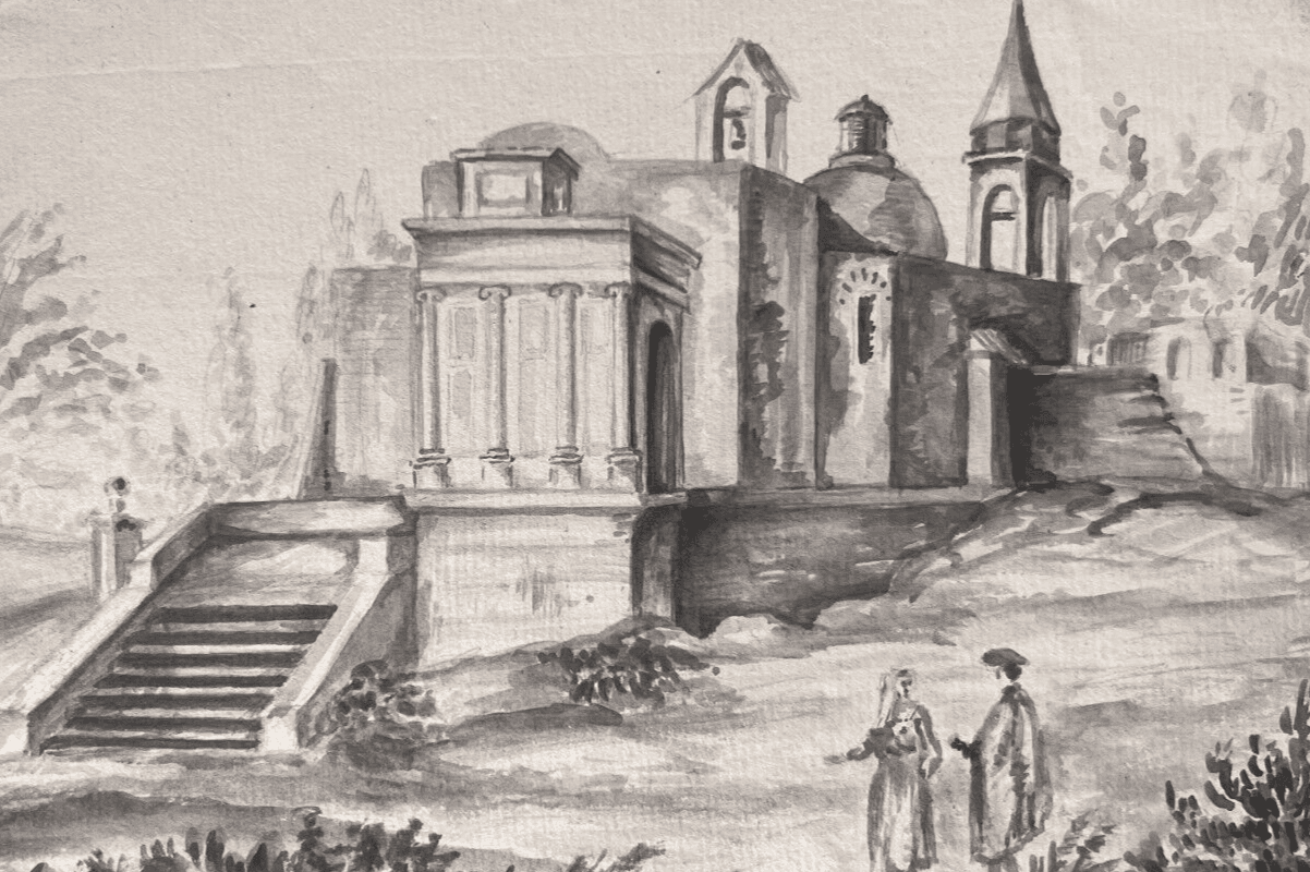 Antique Original Drawing Landscape, People, Building 19th century