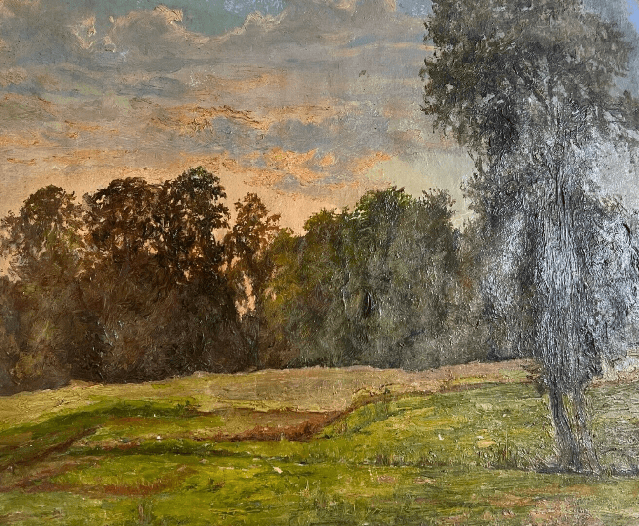 Antique Original Painting Landscape, Forest, Tree, Sunset, Nature image 1