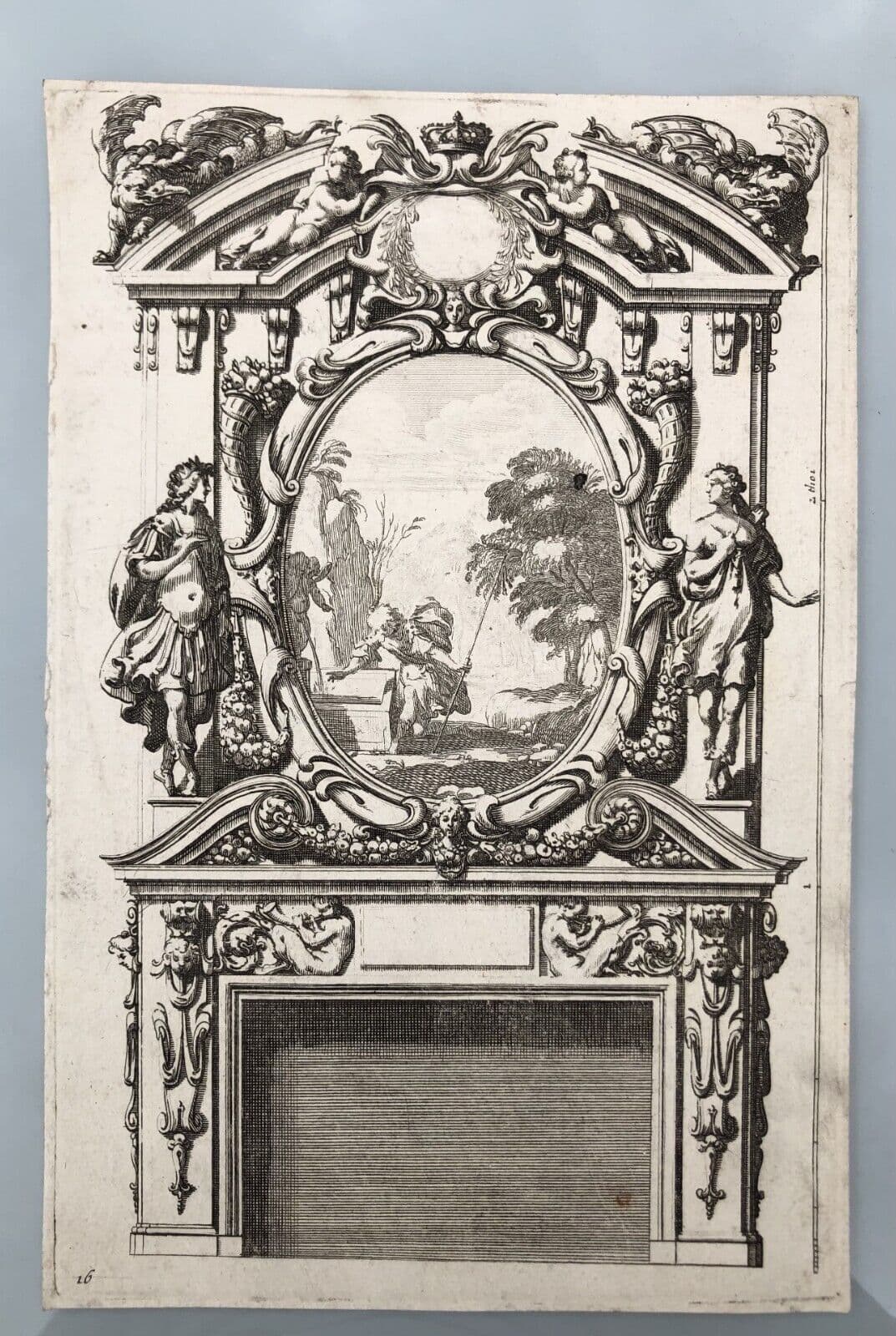 Etching Original Antique 17th century Architecture, Fireplace, Sculptures x4 image 4