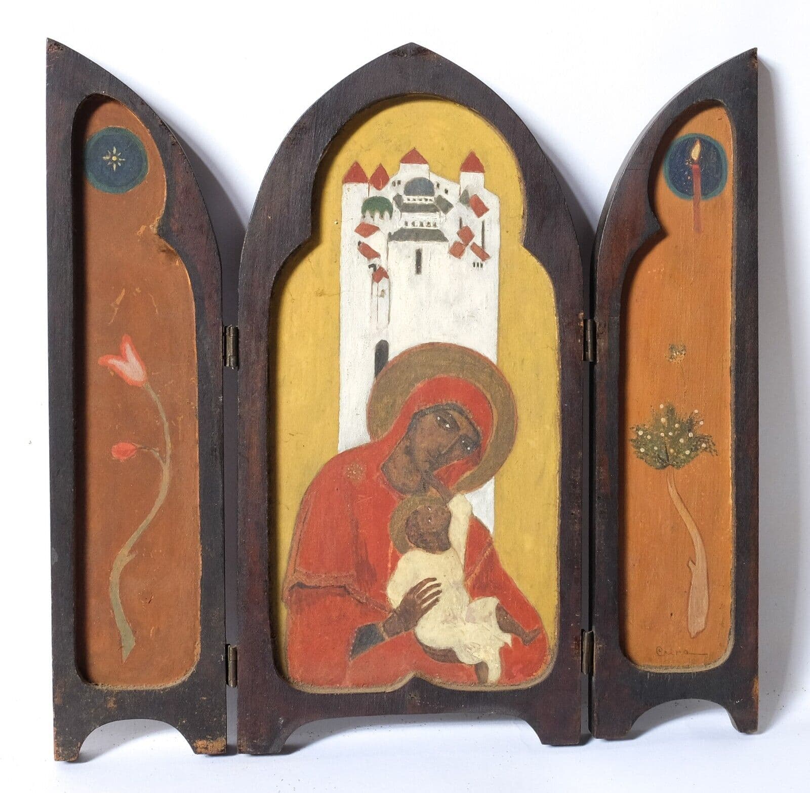 Antique Oil Religious Painting signed Mary Virgin, Jesus Framed