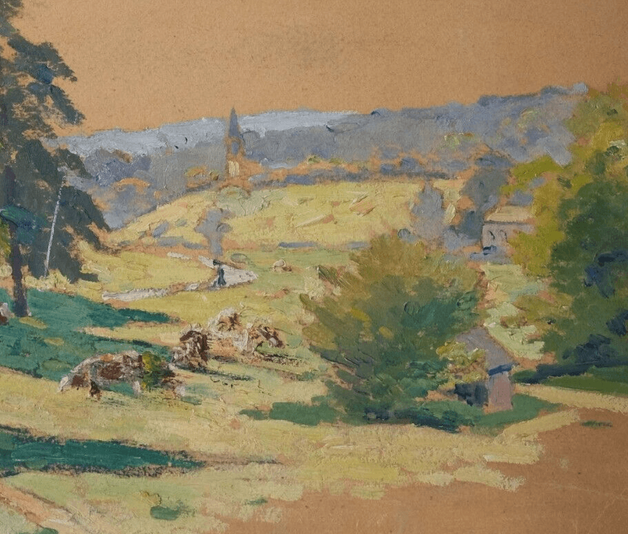 Antique Original Painting Landscape, Trees, Forest, Town, Nature signed image 2