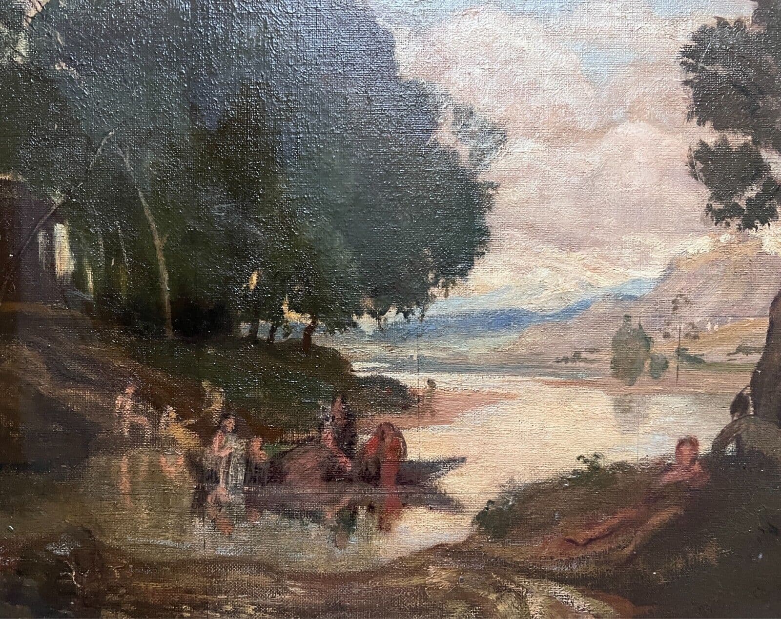 Antique Painting Oil on canvas 19th century Mountain Landscape, People, Trees