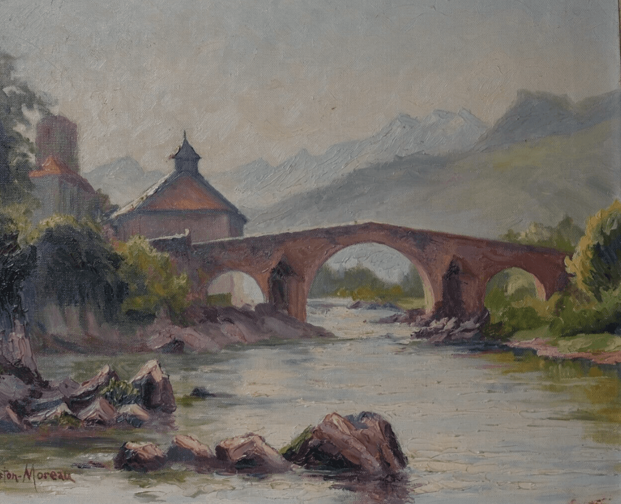 Antique Oil Painting Signed Gaston MOREAU (1885-?) Landscape and Bridge