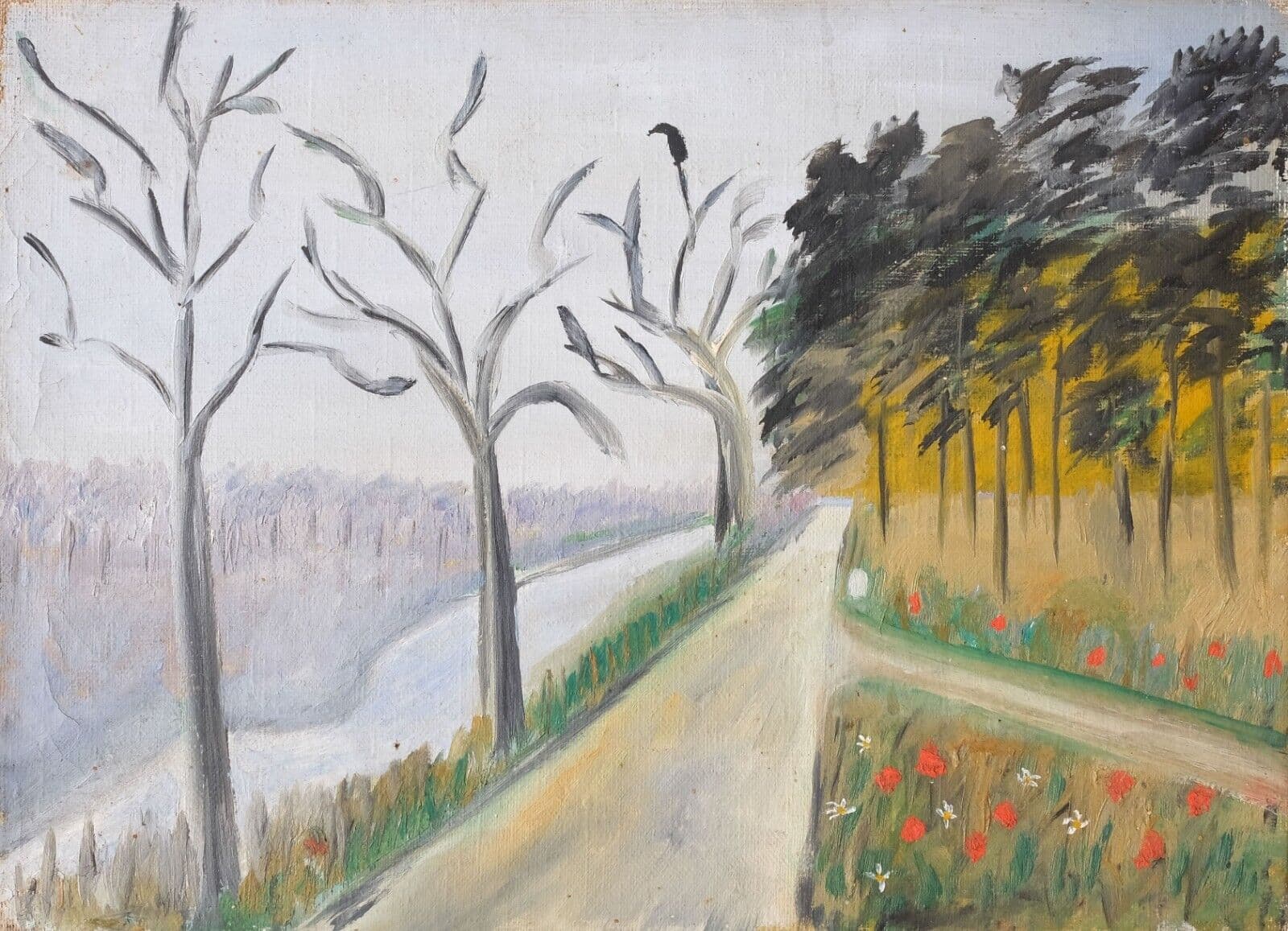 Vintage Antique Original Oil Painting Landscape, Trees and Flowers