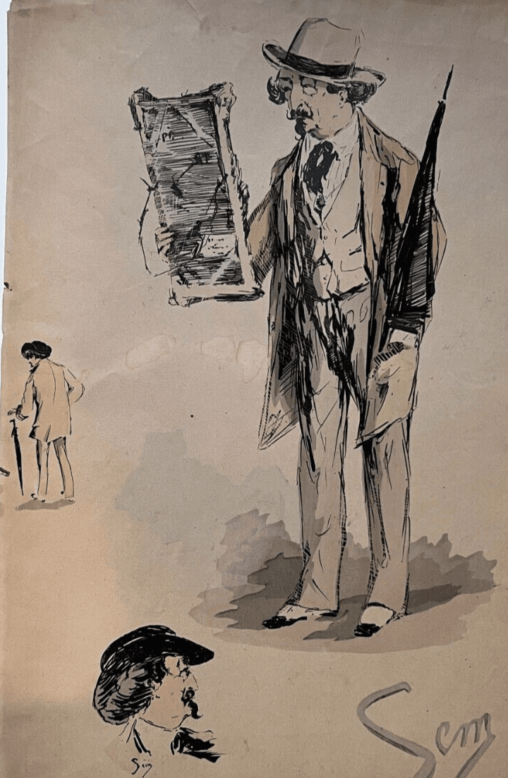 SEM (1863-1934) Man with Painting, People Portraits Drawing