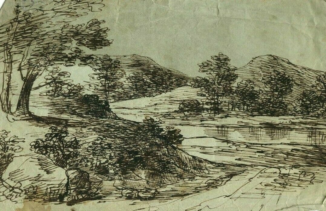 Drawing Mountain Trees Landscape with Lake