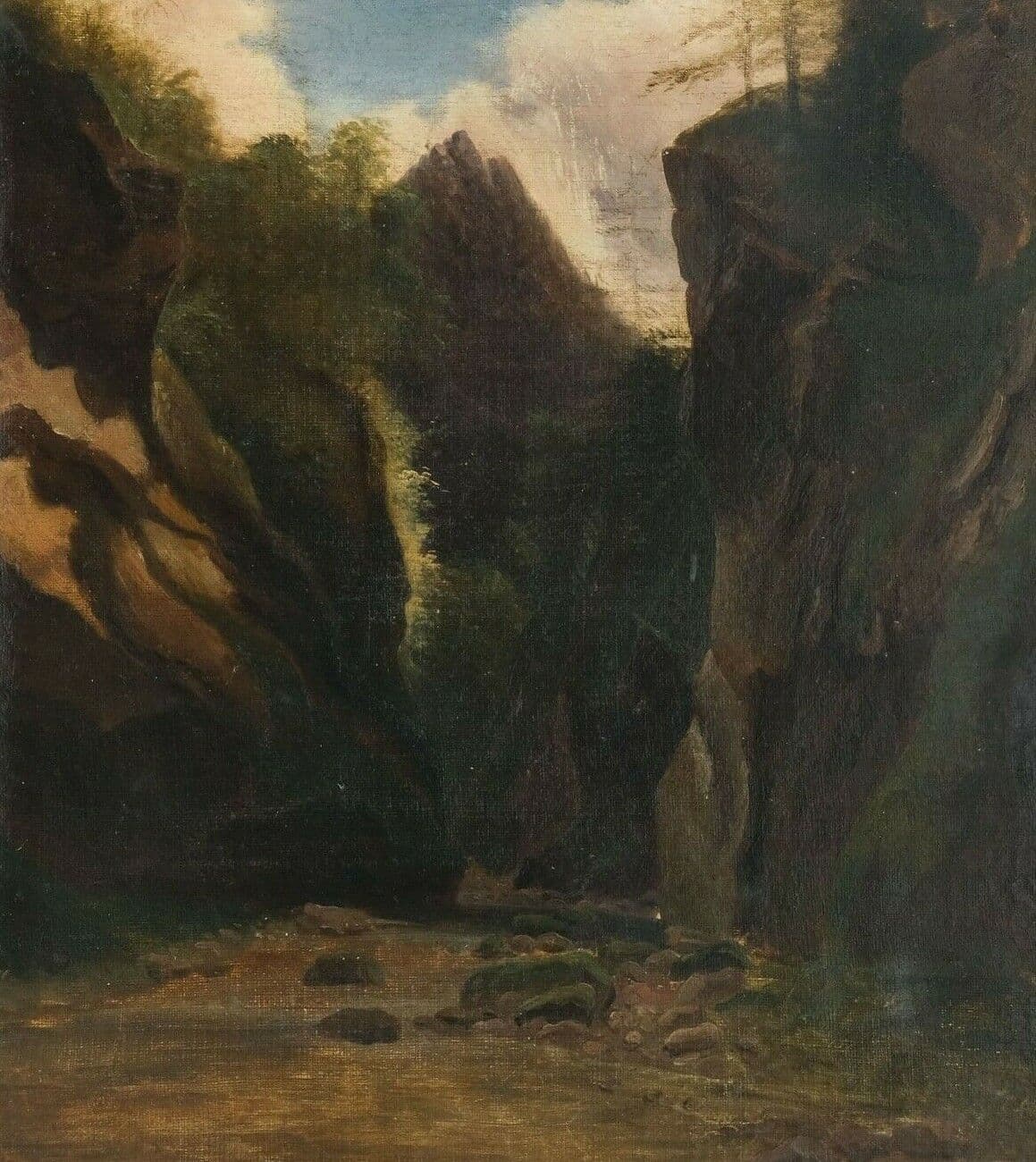 Antique Painting Oil Original 19th century Mountain Landscape with Waterfall