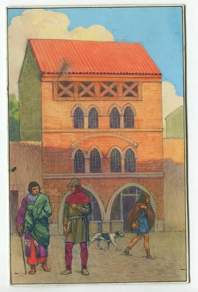 Vintage Drawing Gouache Illustration House 12th century Artwork image 1