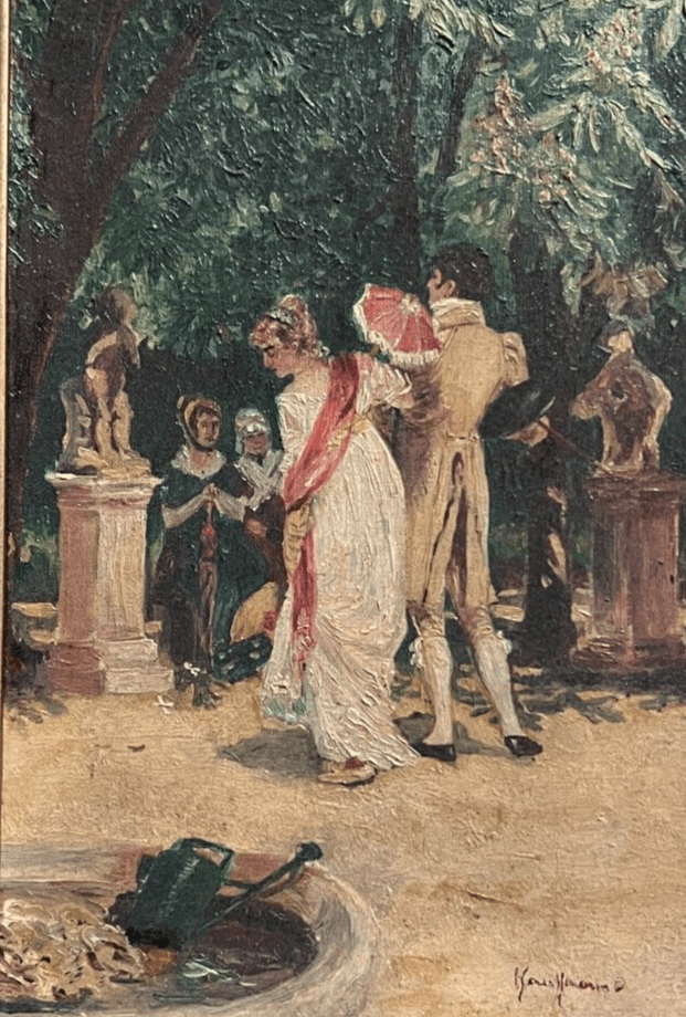 Antique Oil Original Painting People, Community, Couple, Park, Nature signed