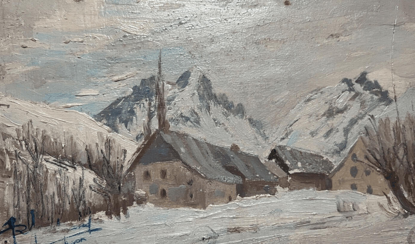 Antique Original Painting signed WinterLandscape, Town, Mountain Robert BELGRAND