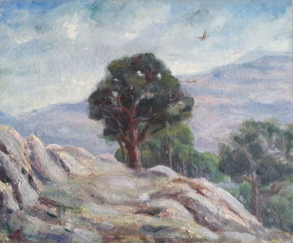 Antique Original Painting Landscape, Farm, Trees, Forest 19th century image 3