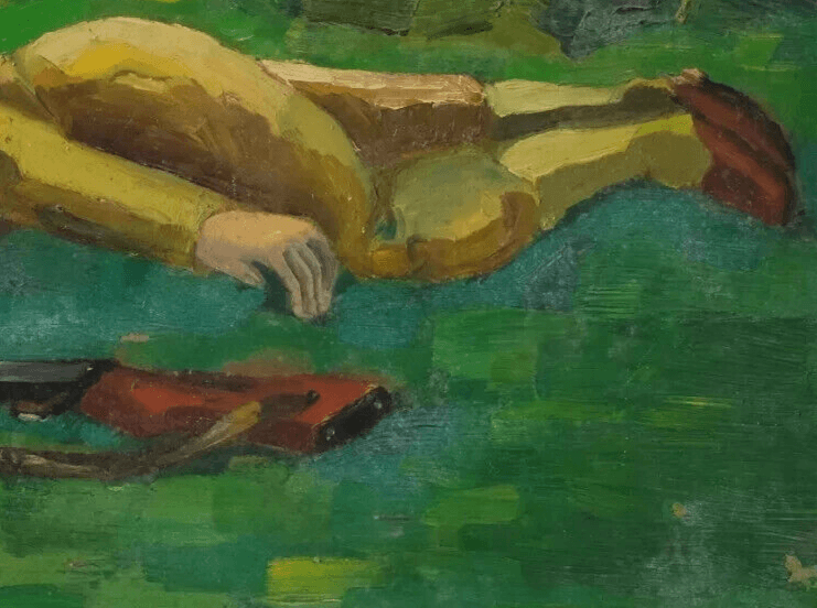 Vintage Oil Painting Military Man on the Grass with a Riffle 1947 image 5