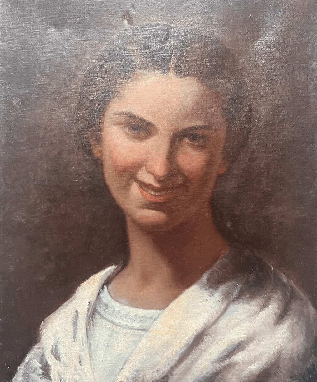 Antique Oil Original Painting Woman Portrait, Smile